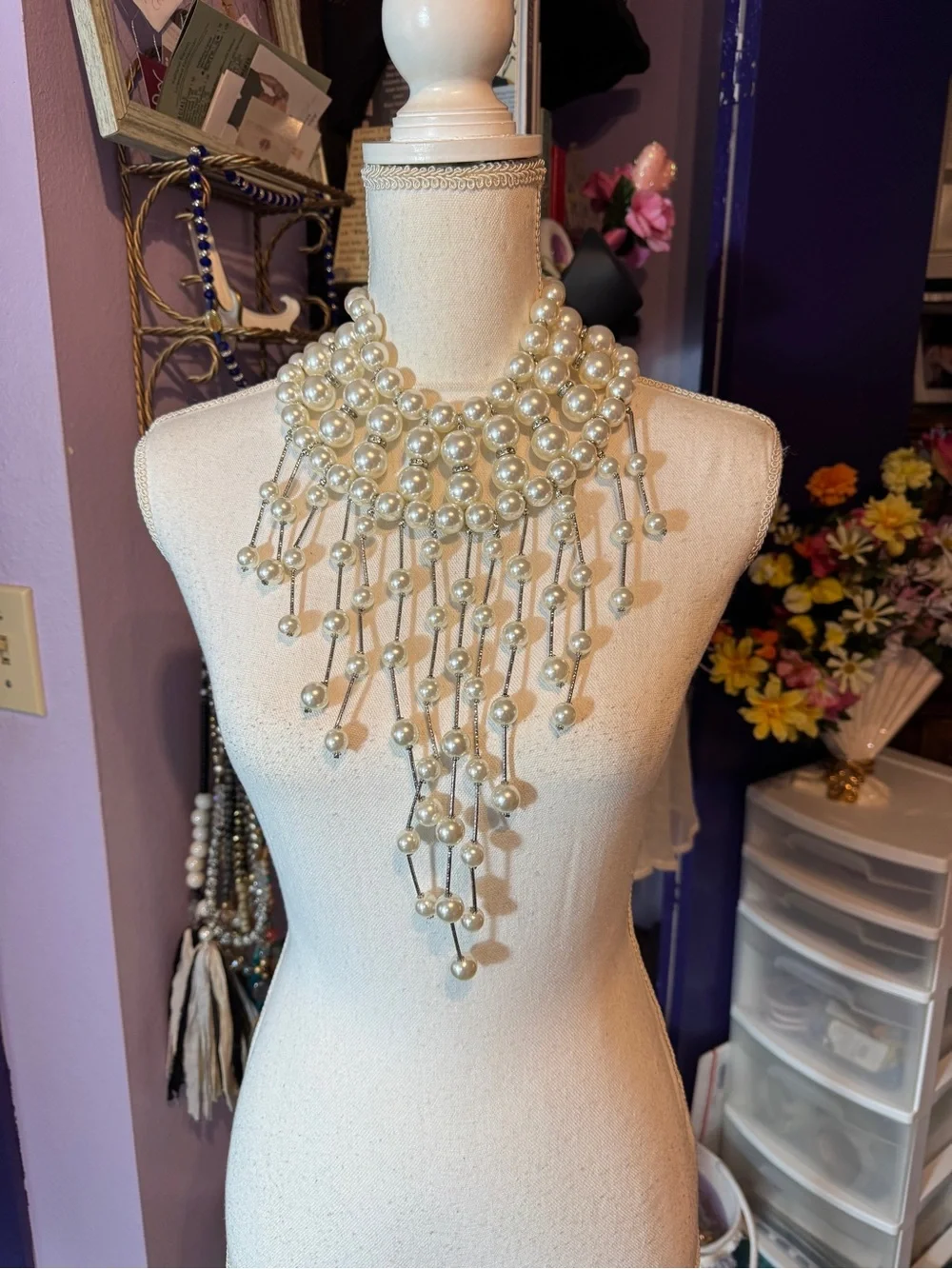 Elegant Pearl Fringe Statement Necklace - White Pearls